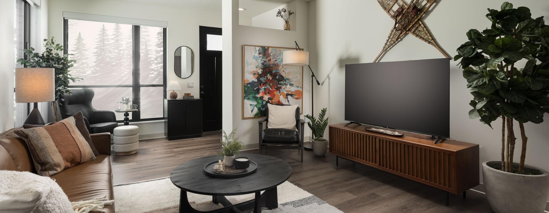 a living room with a large television